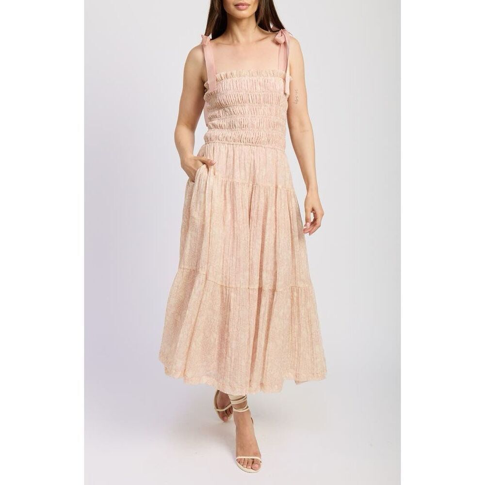 EN SAISON Geraldine Smocked Tie Strap Maxi Dress - Natural size S NWT - Picture 3 of 10